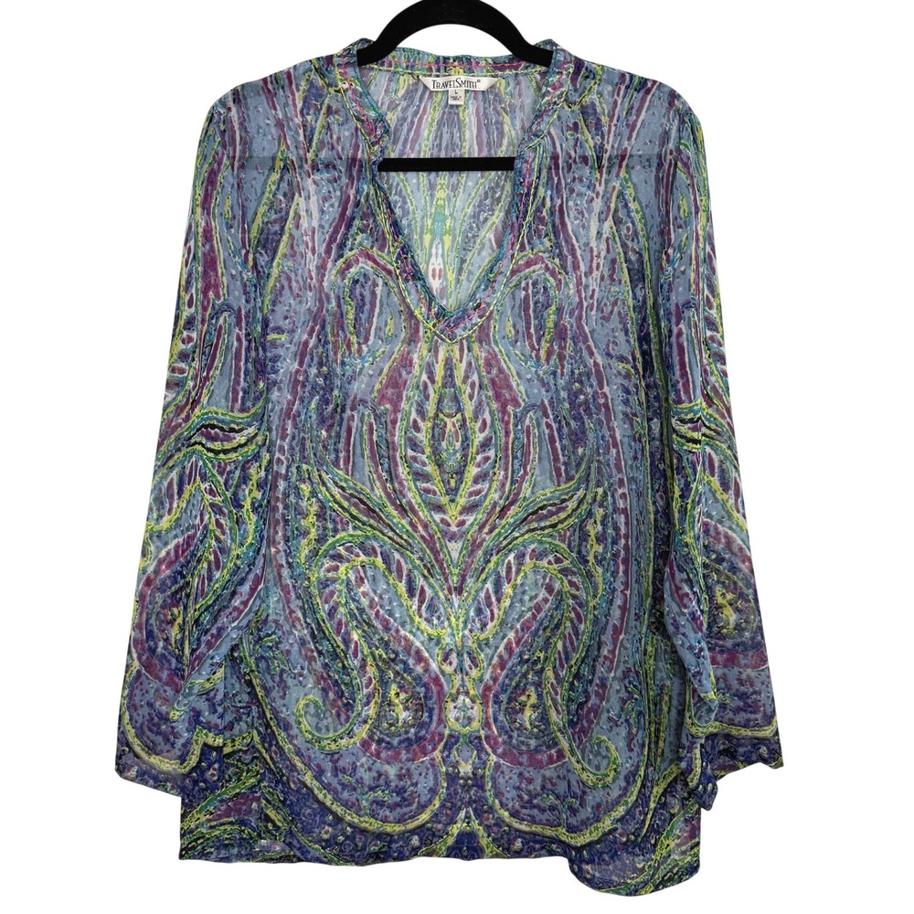 TravelSmith Paisley Sheer Tunic Blouse Top Large Blue‎ Purple Boho Resort Hippie